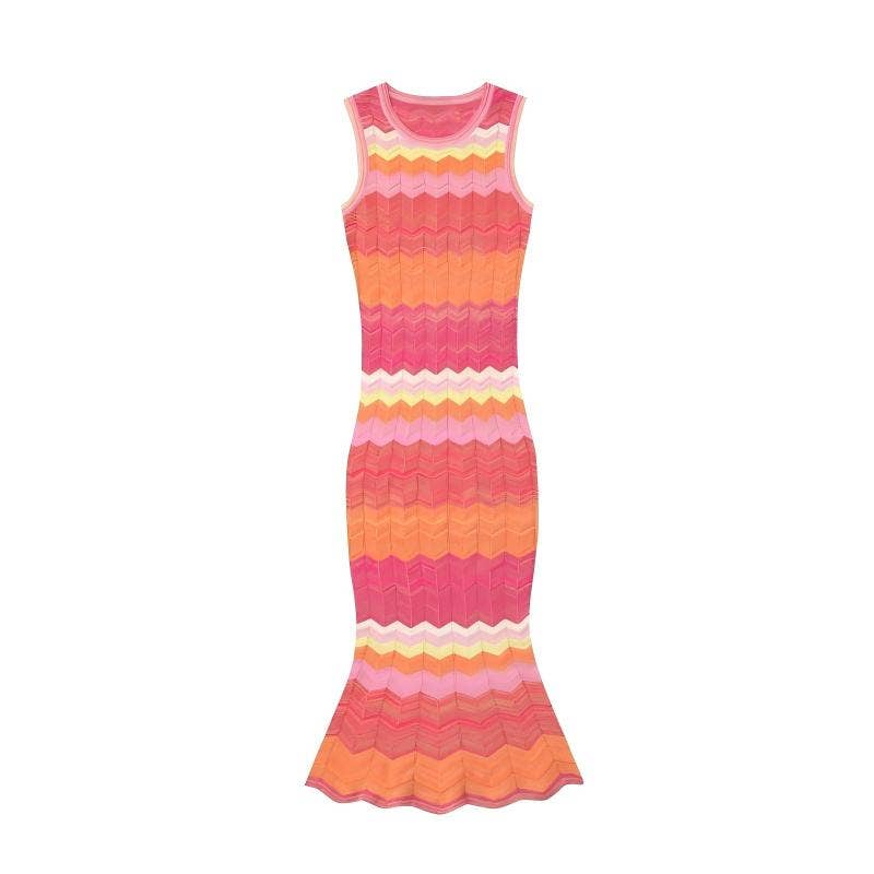 Wave Stripe Sleeveless Knit Mermaid Dress - English / L / Orange Wave Stripe Sleeveless Knit Mermaid Dress - English / L / Orange