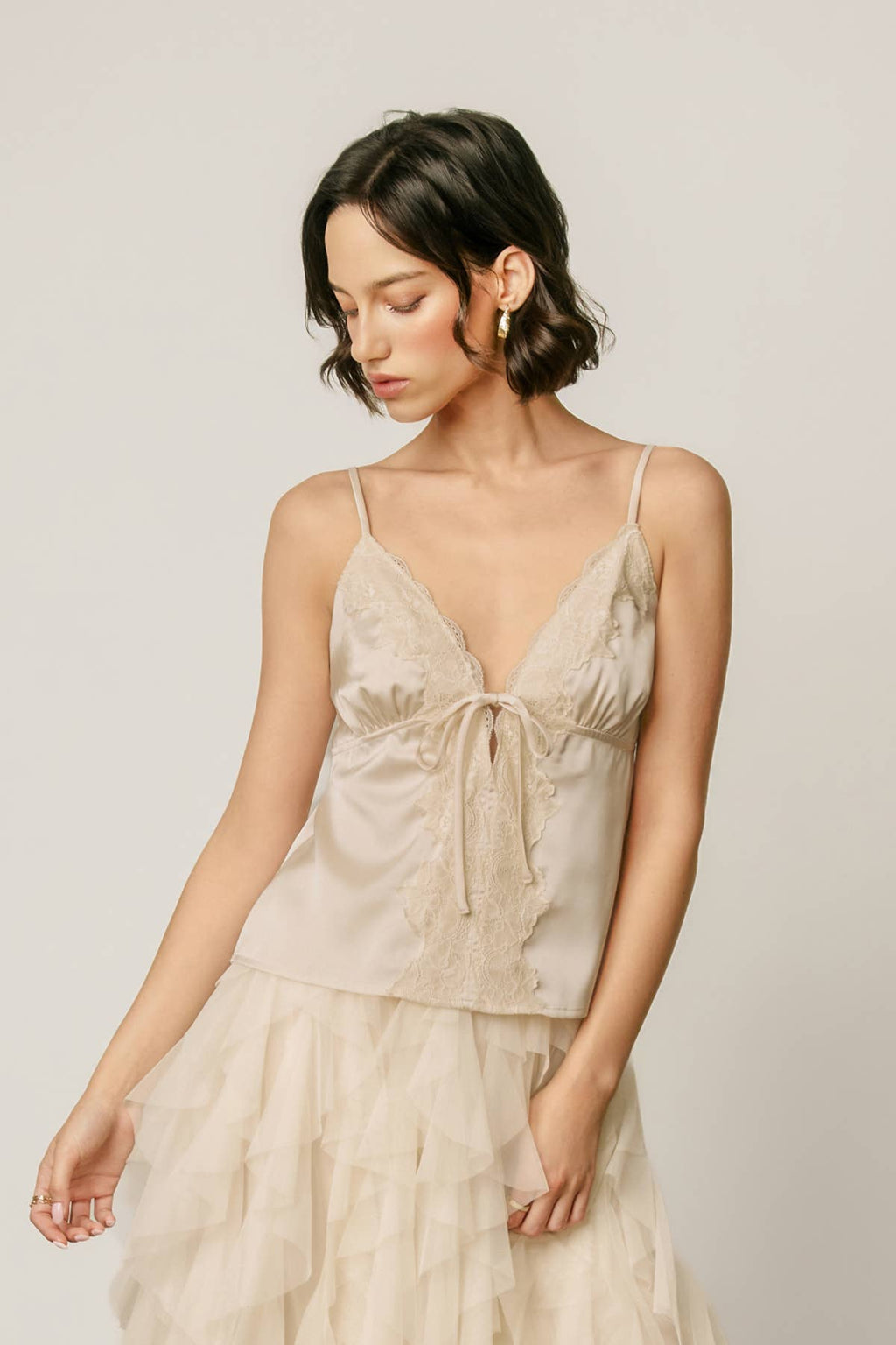 Satin Lace Tie Front Cami Top