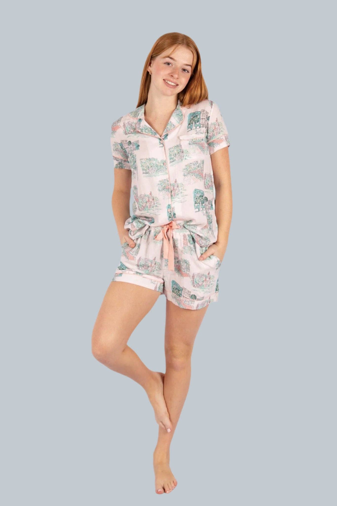 Charleston Scene Pink Button Down Short Set Pajamas