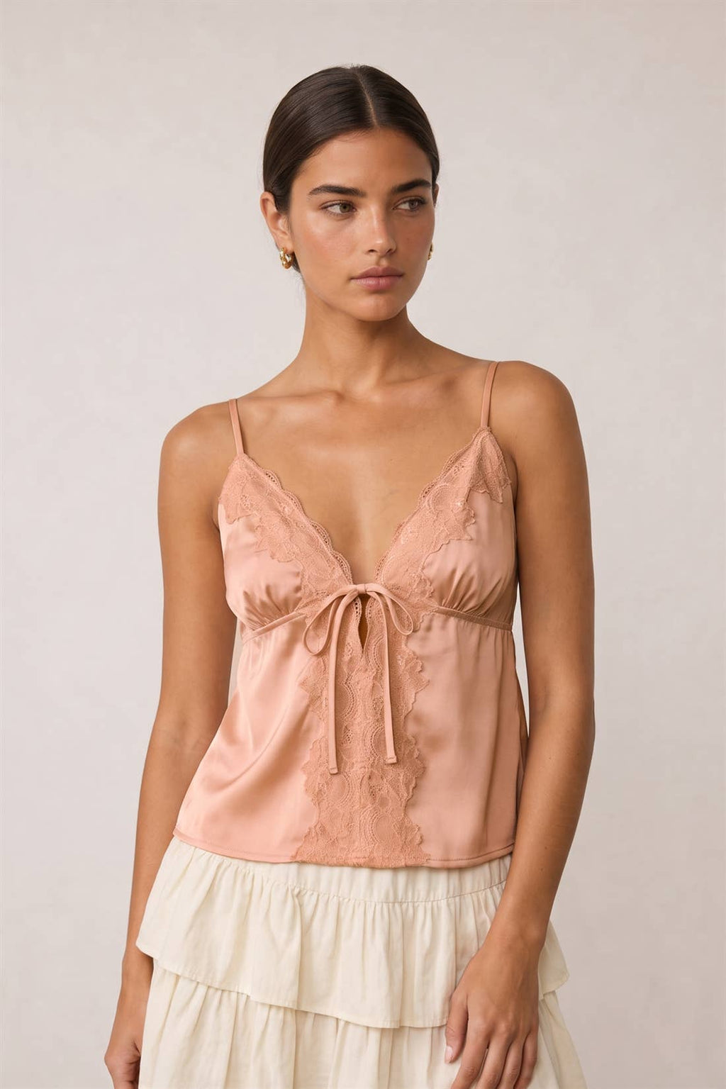 Satin Lace Tie Front Cami Top