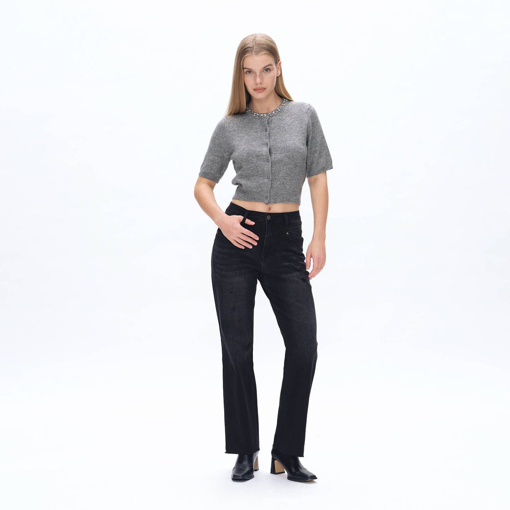 Super High Rise Straight Jeans with Raw Hem