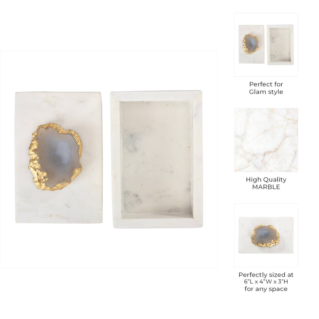 Marble Agate Top Lidded Storage Box - White/Gold, 3 in.