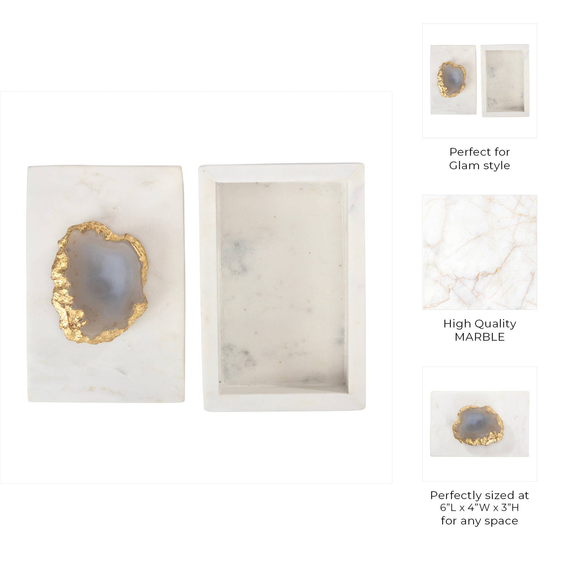 Marble Agate Top Lidded Storage Box - White/Gold, 3 in.