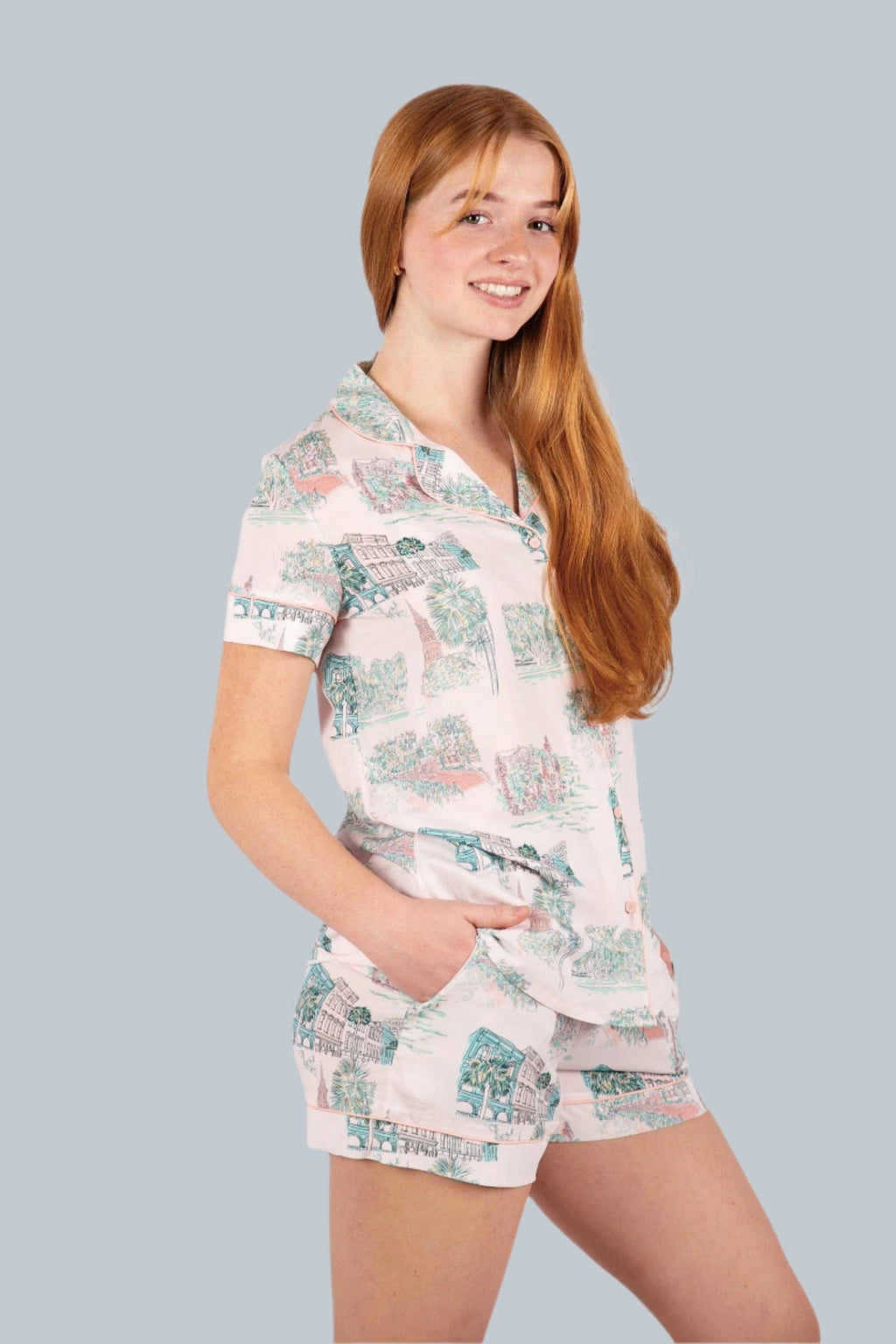 Charleston Scene Pink Button Down Short Set Pajamas