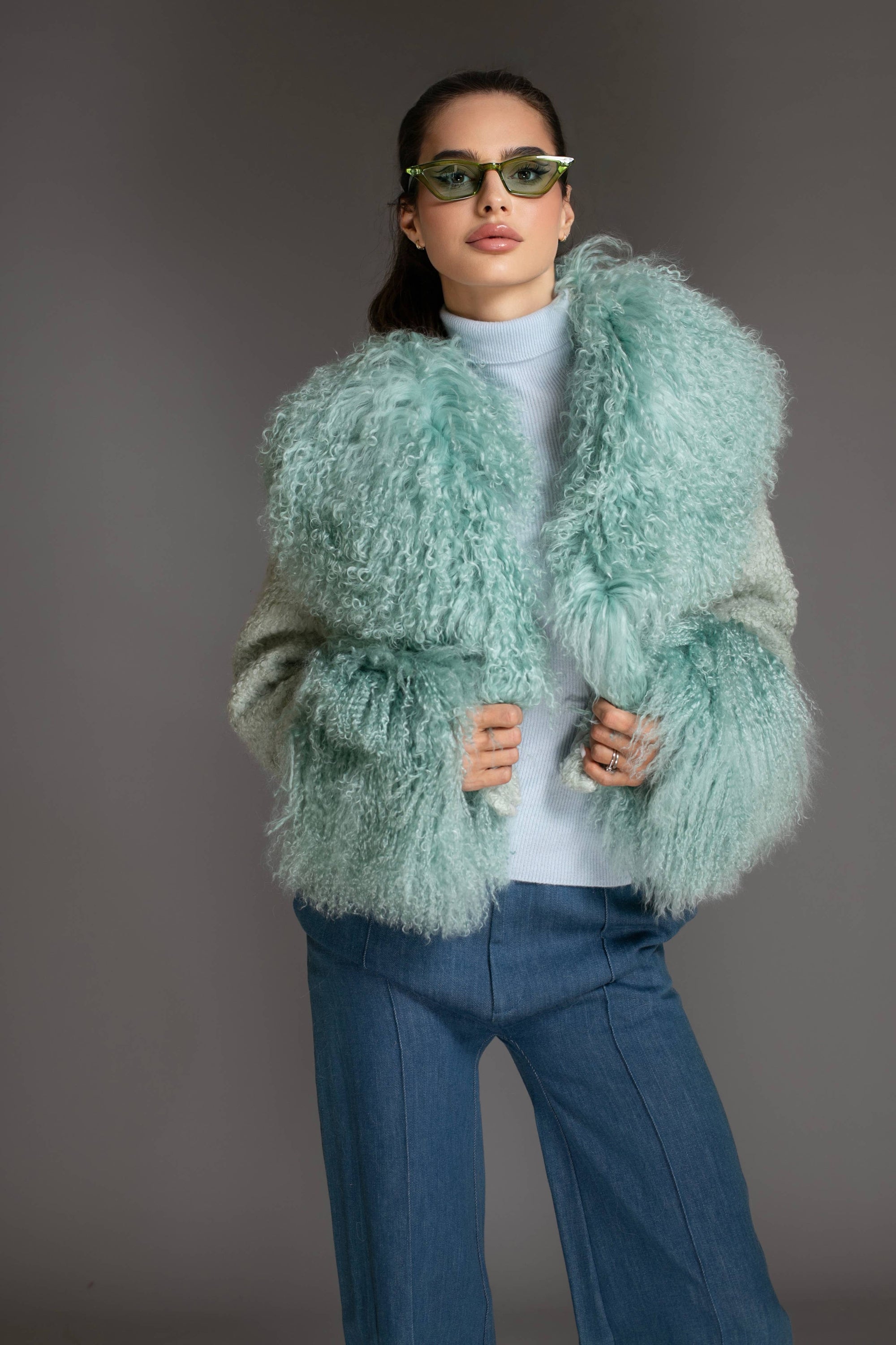 Mint Green Cropped Mongolian Shearling Coat