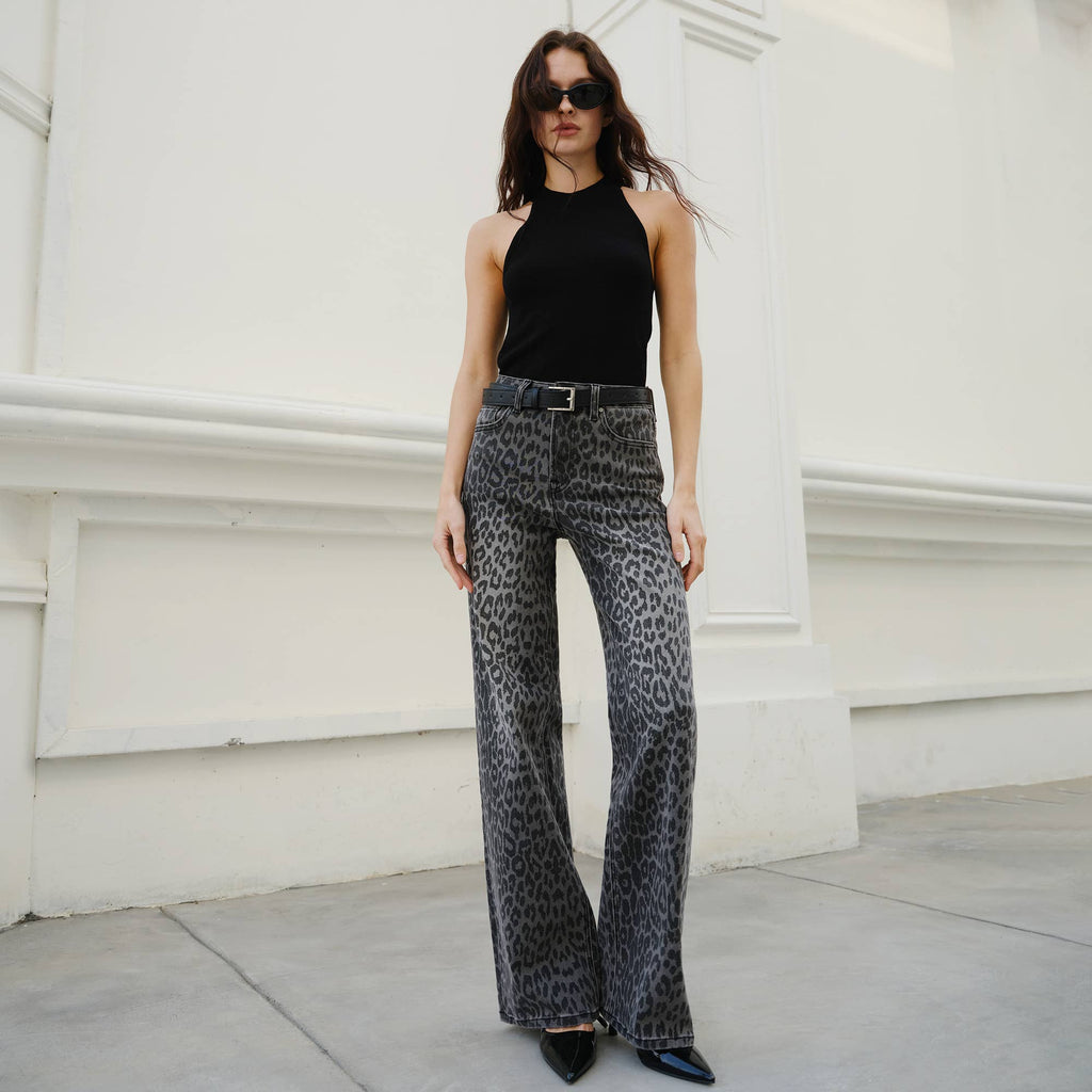 High Rise Leopard Print Wide Leg Pant (Finished Hem)