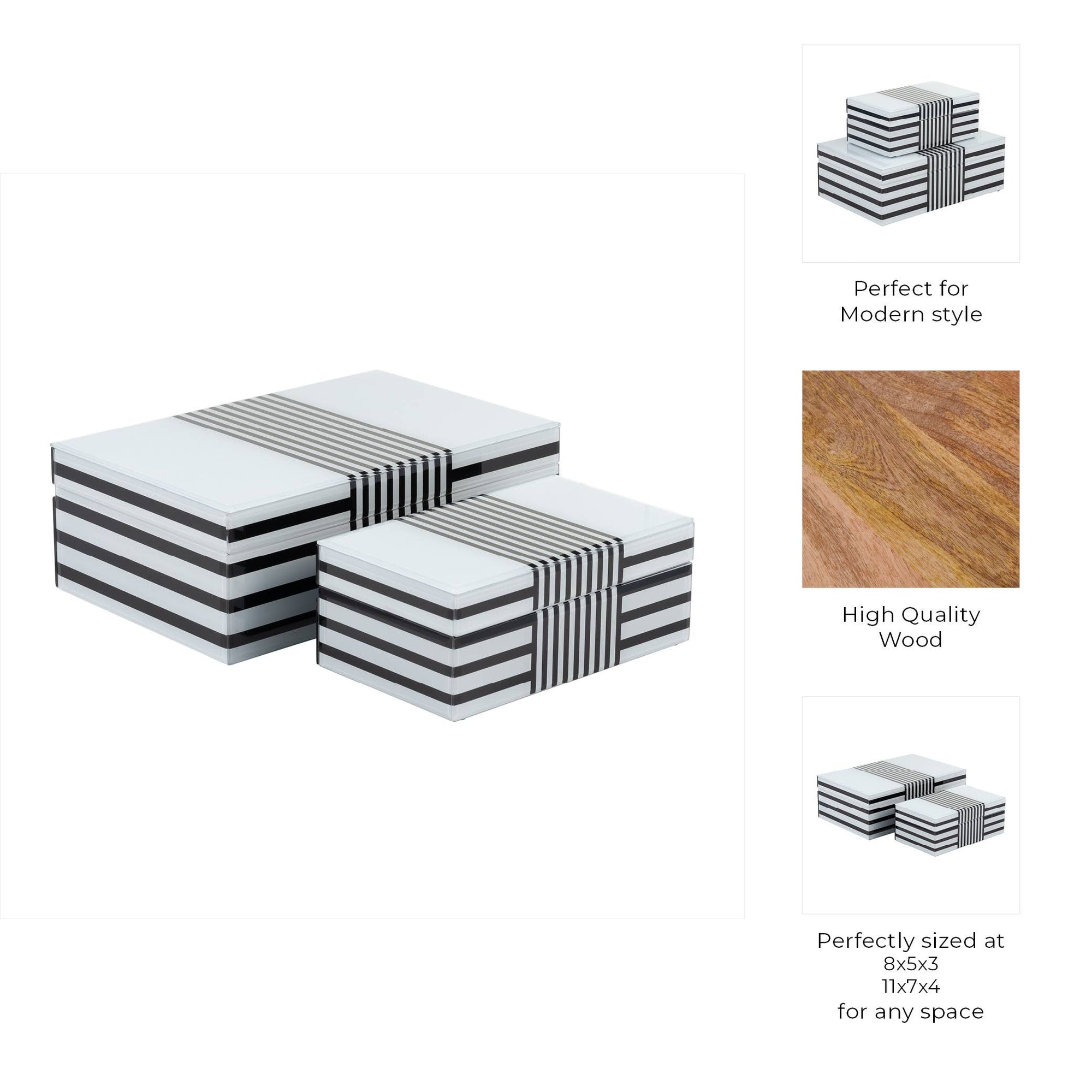 Wood Striped Storage Boxes Set of 2 - Black, 8/11 in.