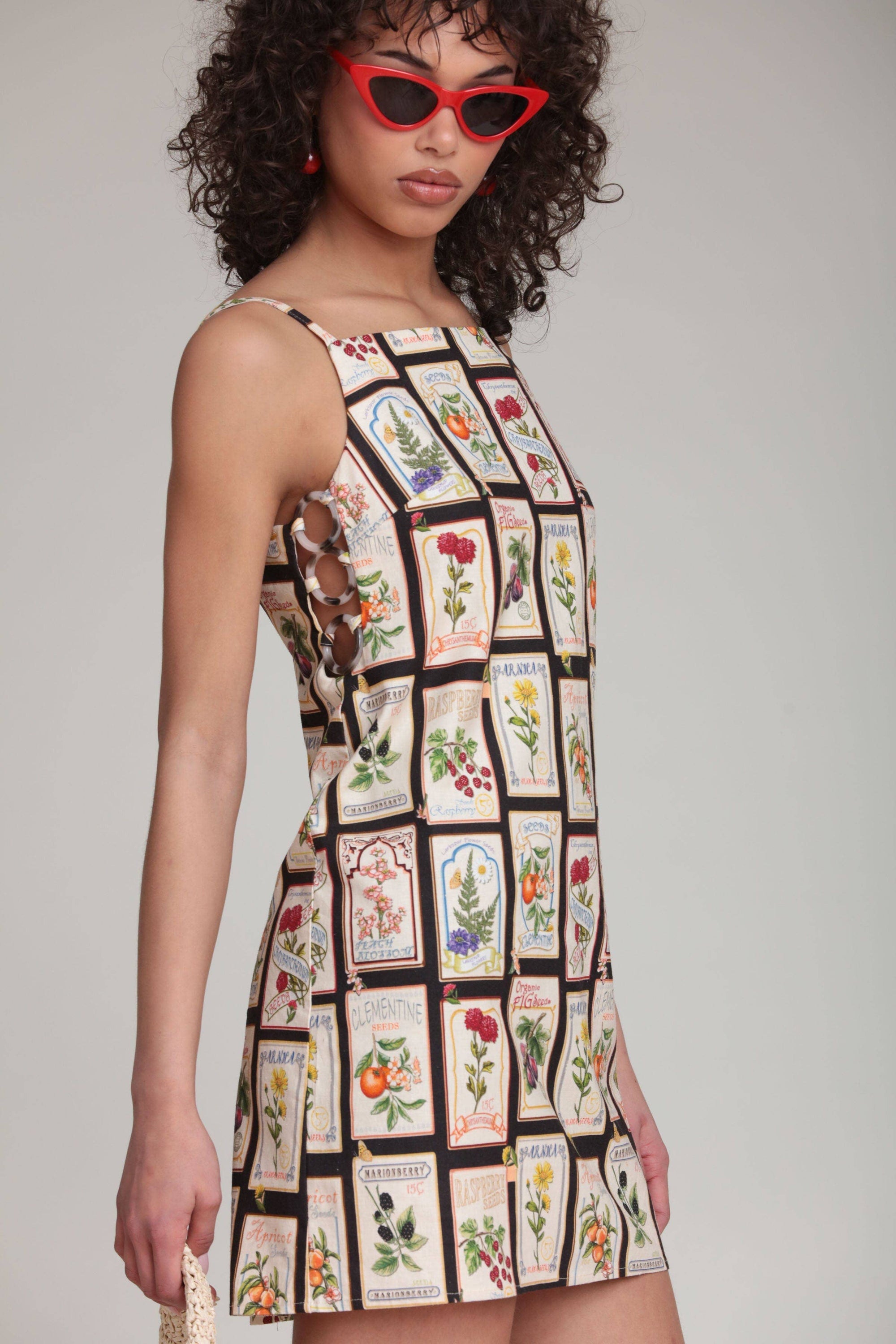 Avec Les Filles Women's Botanical-Print Square-Neck Mini Dress - Black Seed Packets