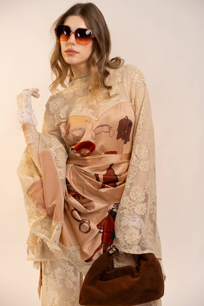 Sheer Lace Kimono Sleeve Maxi Dress