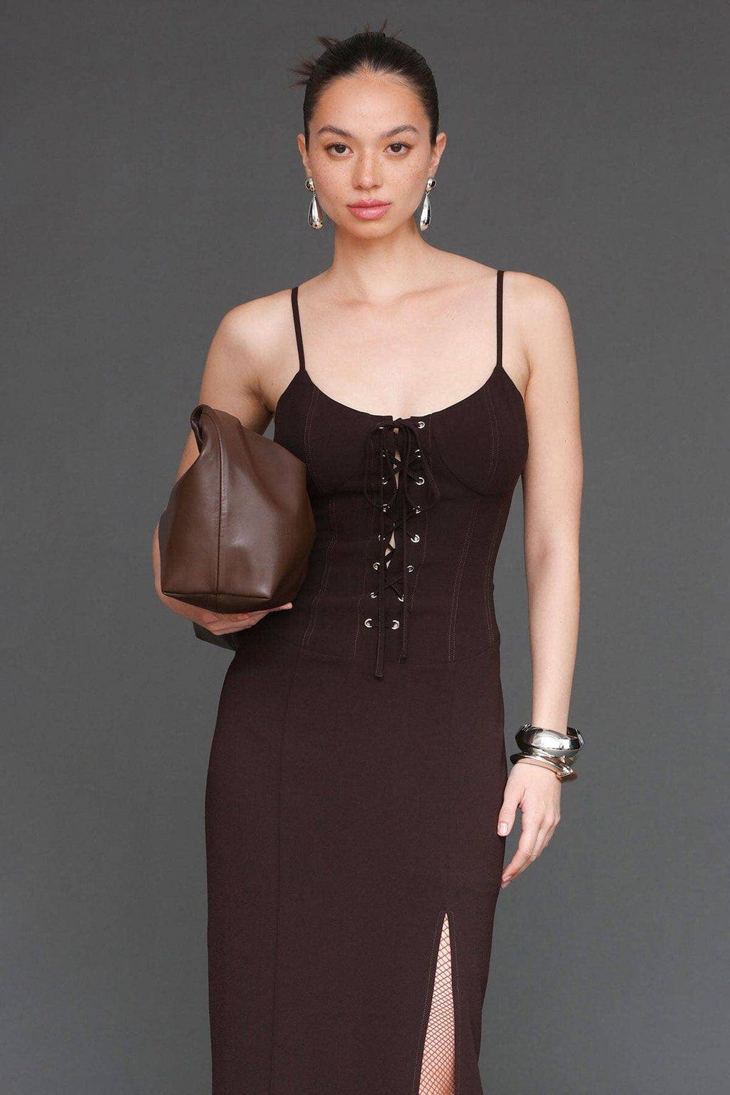 Lace Up Corset Crepe Midi Dress