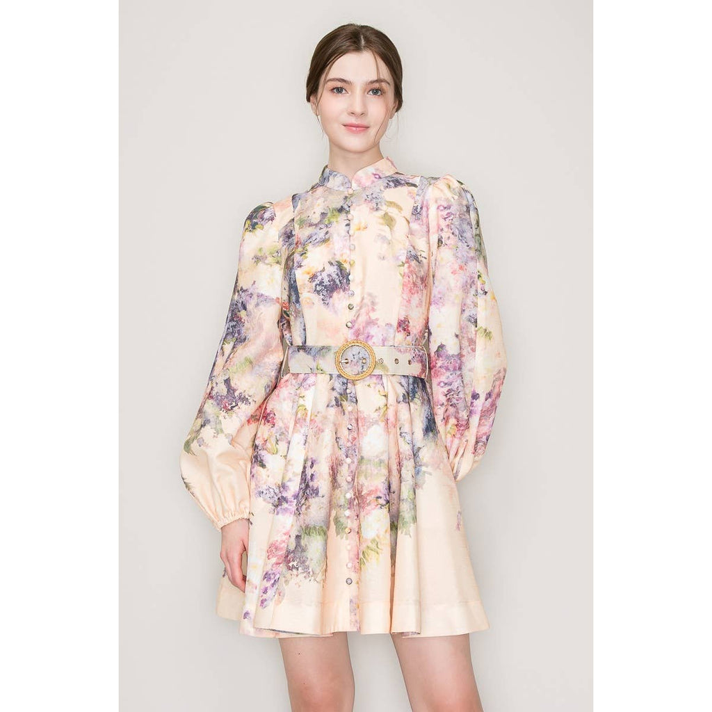 Long Sleeves Floral Print Belted-Waist Mini Dress