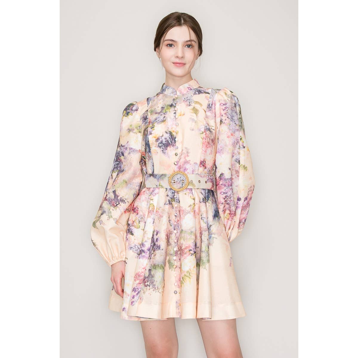 Long Sleeves Floral Print Belted-Waist Mini Dress