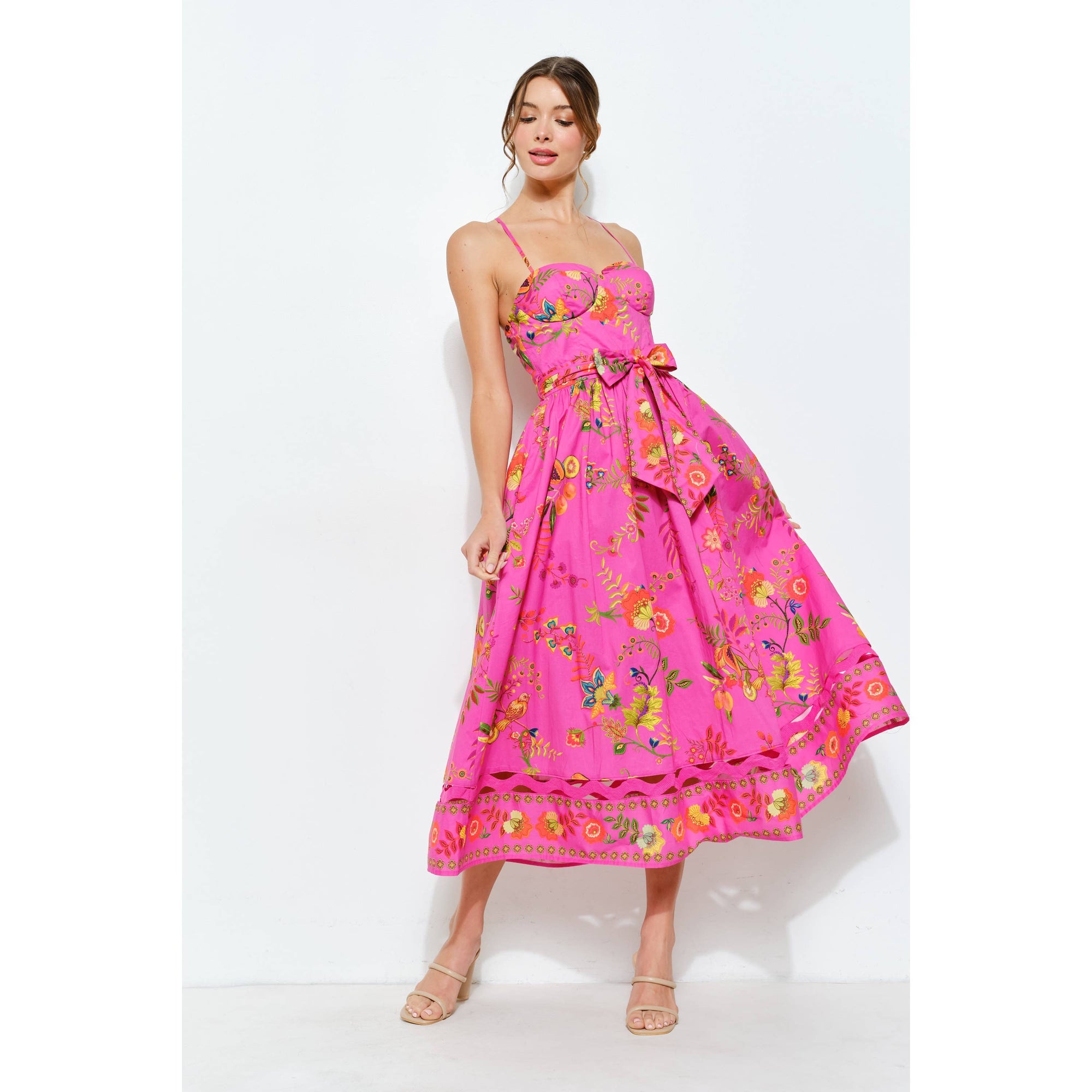Floral Embroidered Bustier Midi Dress