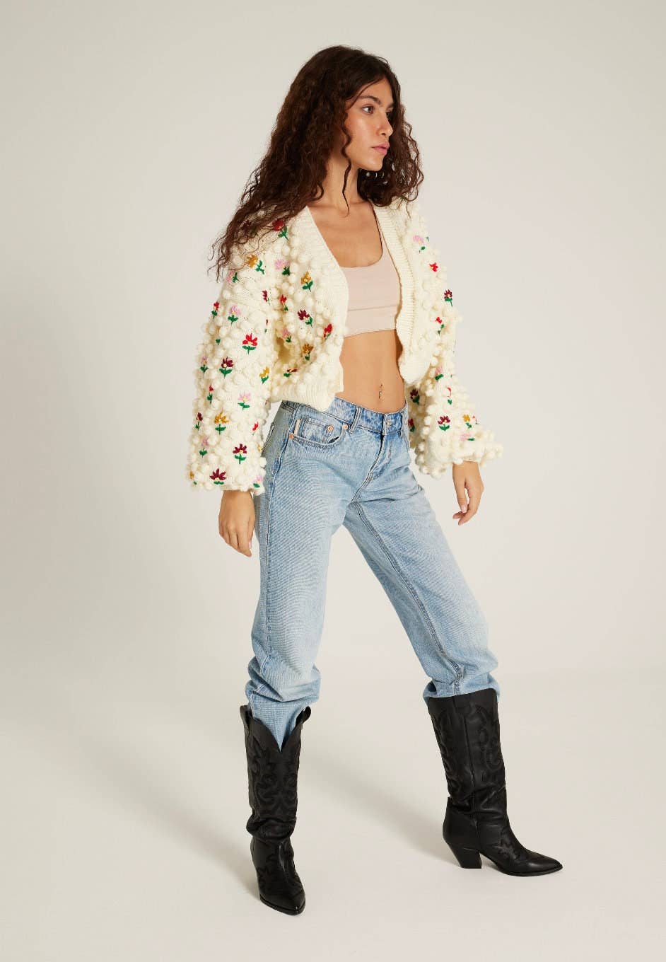 Beige Pom-Pom Cardigan