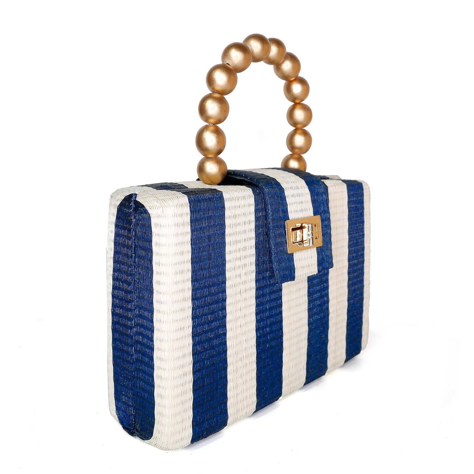 Navy Stripe Clutch | Gold Bead Handle | Summer Resort 2025