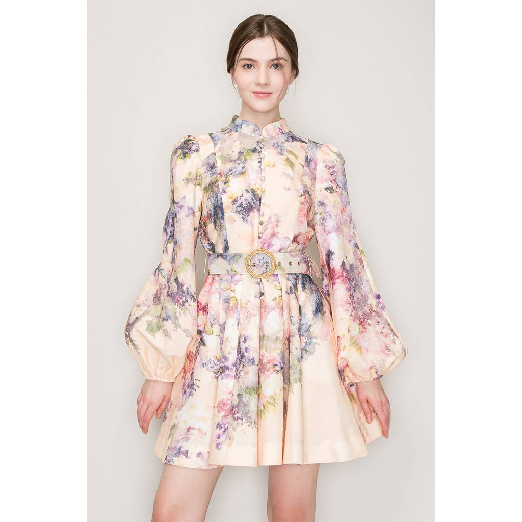 Long Sleeves Floral Print Belted-Waist Mini Dress