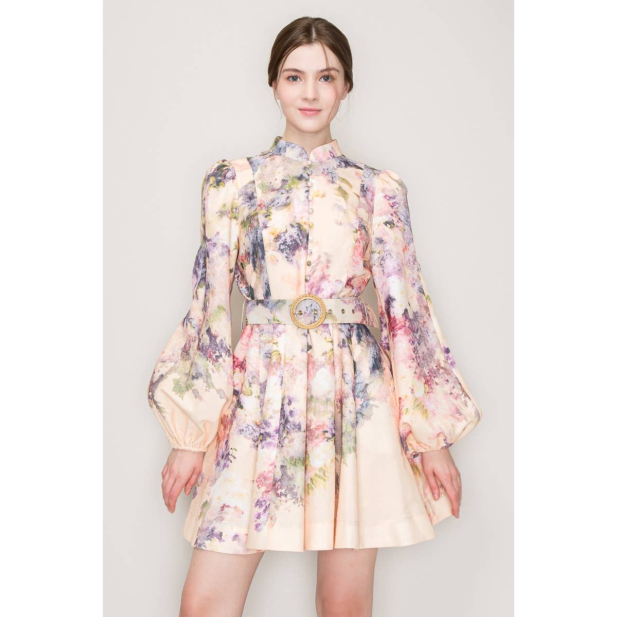 Long Sleeves Floral Print Belted-Waist Mini Dress