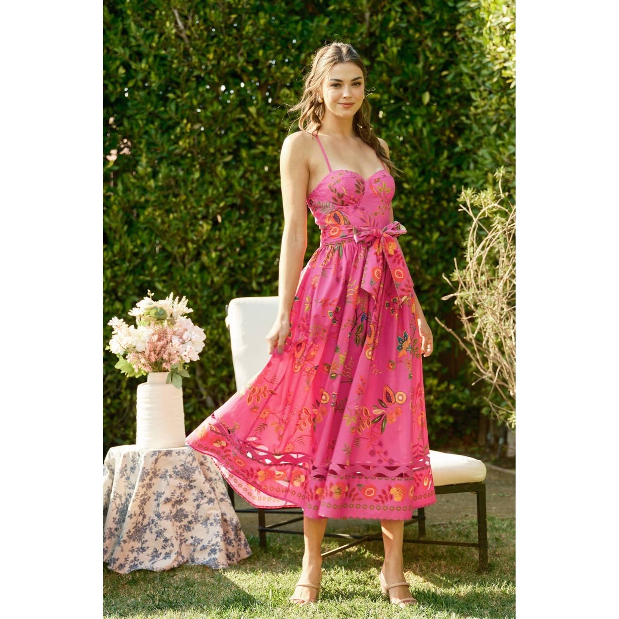 Floral Embroidered Bustier Midi Dress