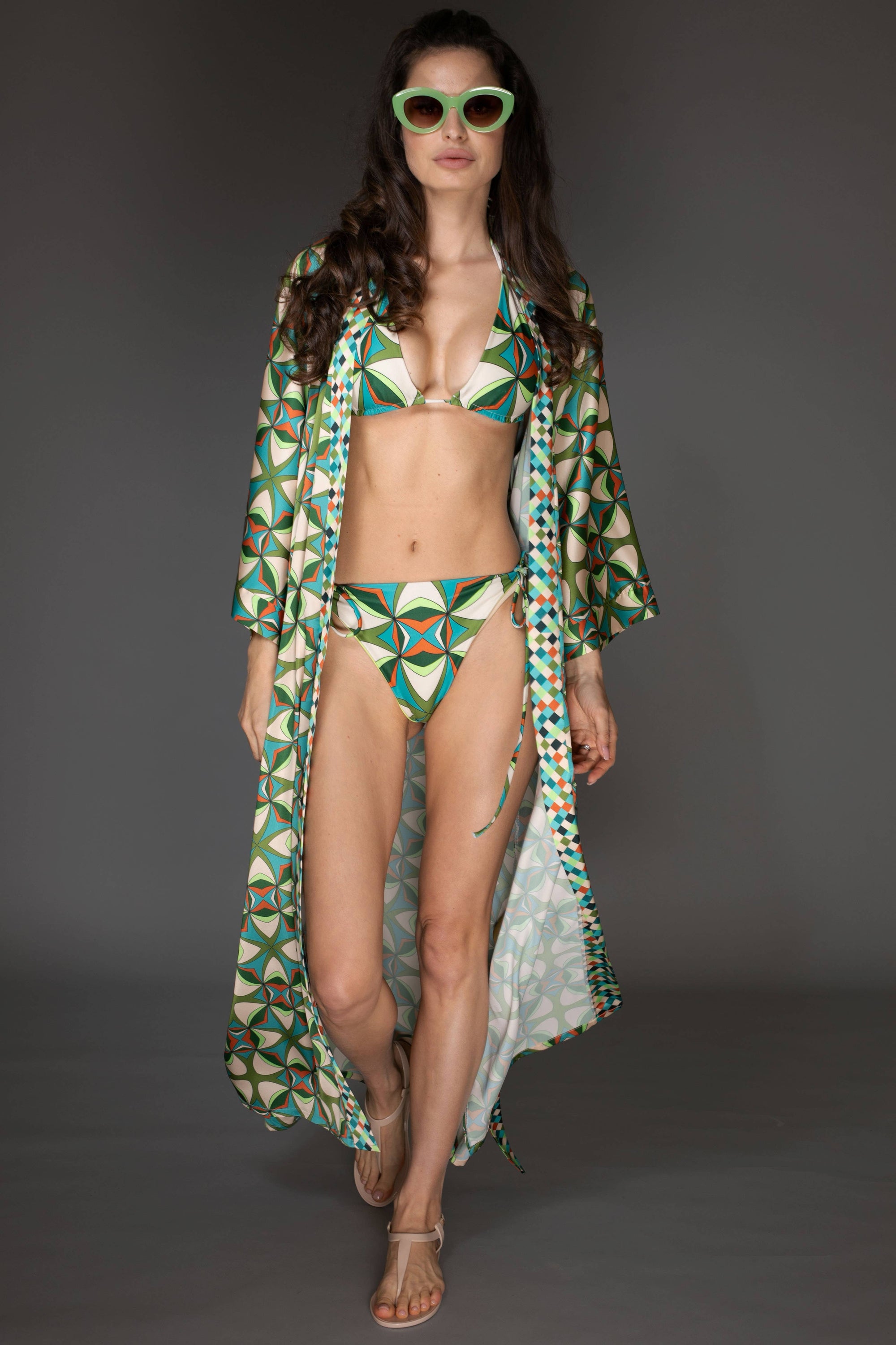 Abstract Print Green Satin Kimono