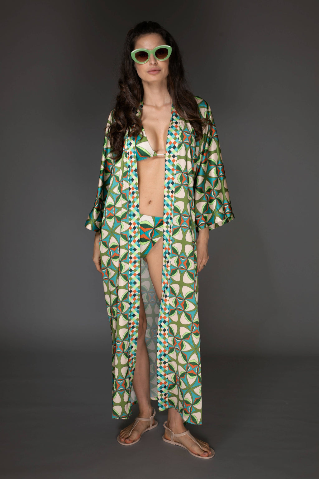Abstract Print Green Satin Kimono