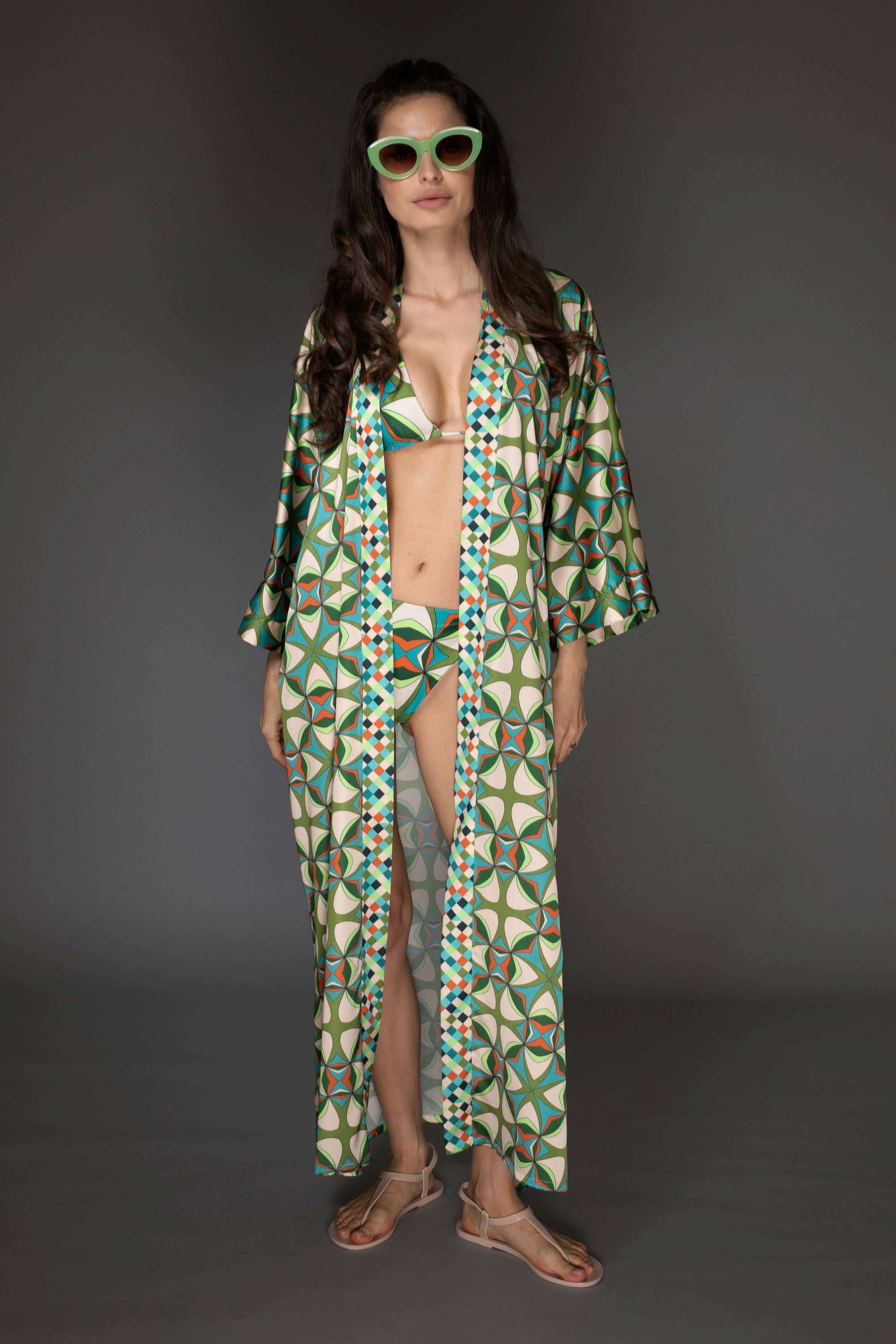 Abstract Print Green Satin Kimono