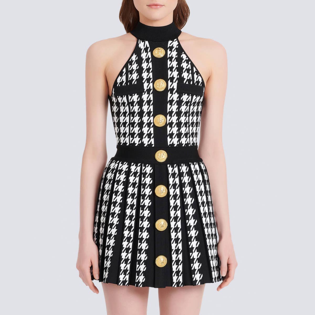 Summer Houndstooth Pleated Halter Dress