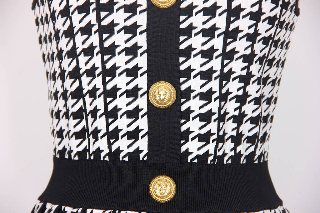 Summer Houndstooth Pleated Halter Dress