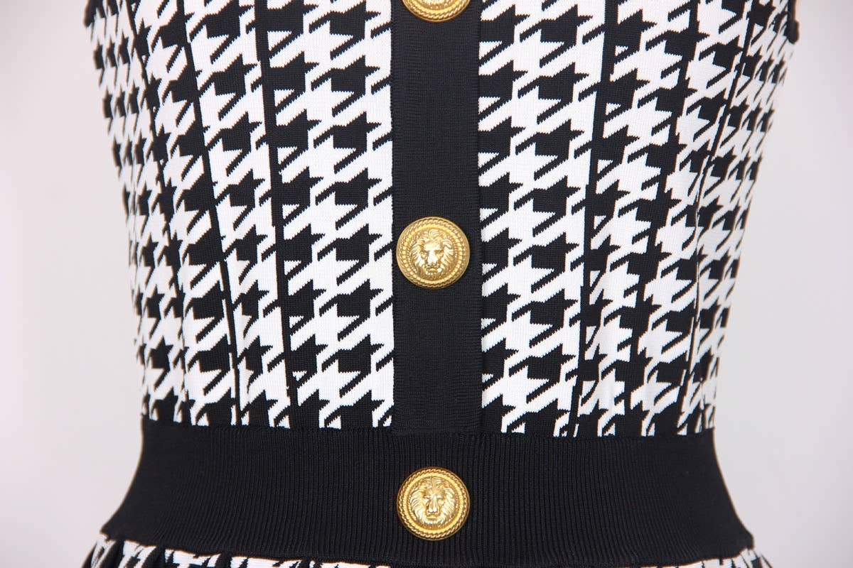 Summer Houndstooth Pleated Halter Dress