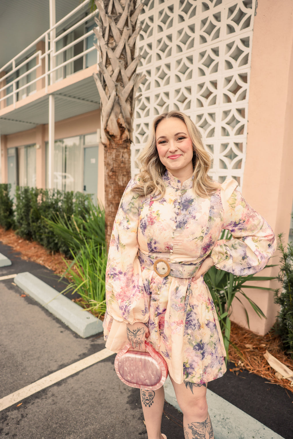 Long Sleeves Floral Print Belted-Waist Mini Dress