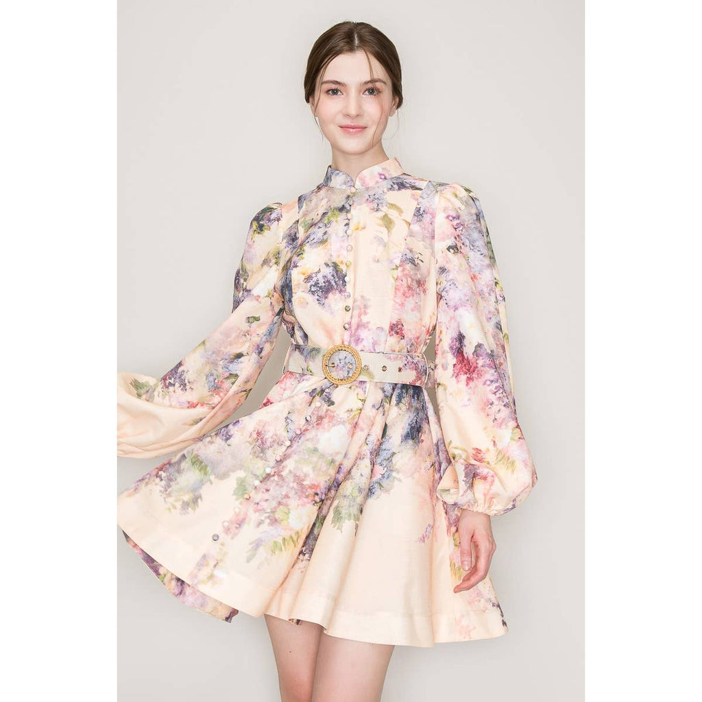 Long Sleeves Floral Print Belted-Waist Mini Dress