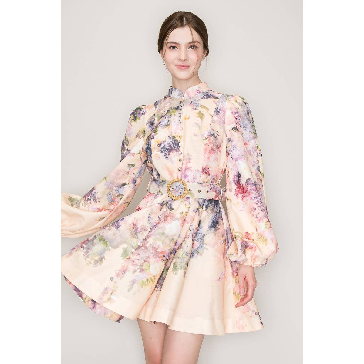 Long Sleeves Floral Print Belted-Waist Mini Dress