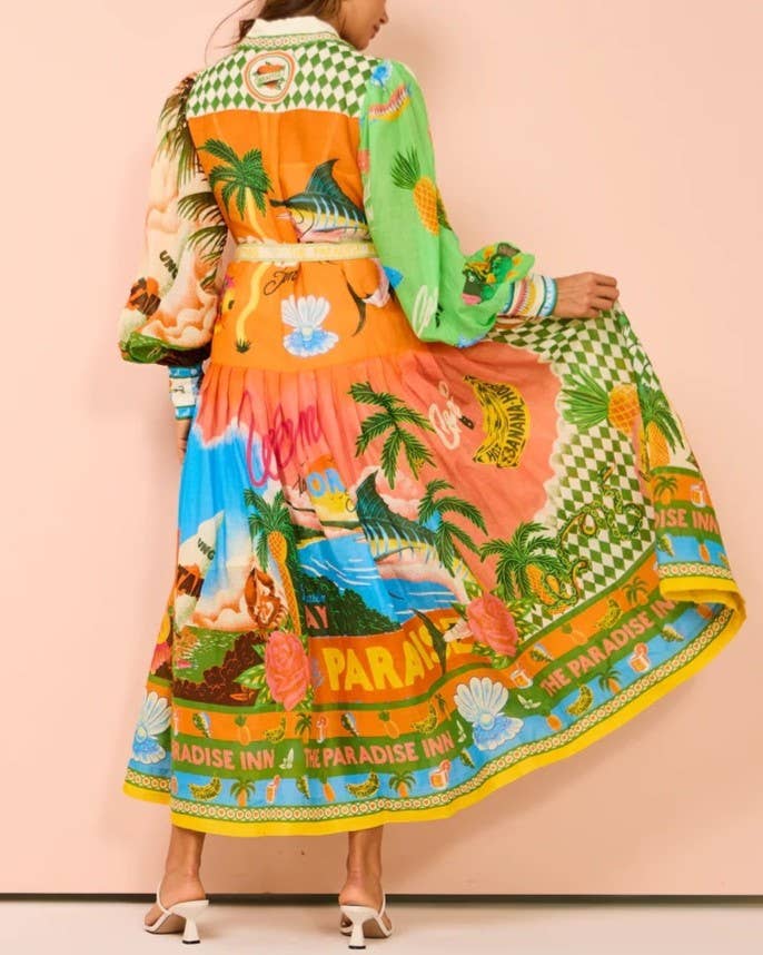 Balloon Sleeve Graffiti-Print Dress