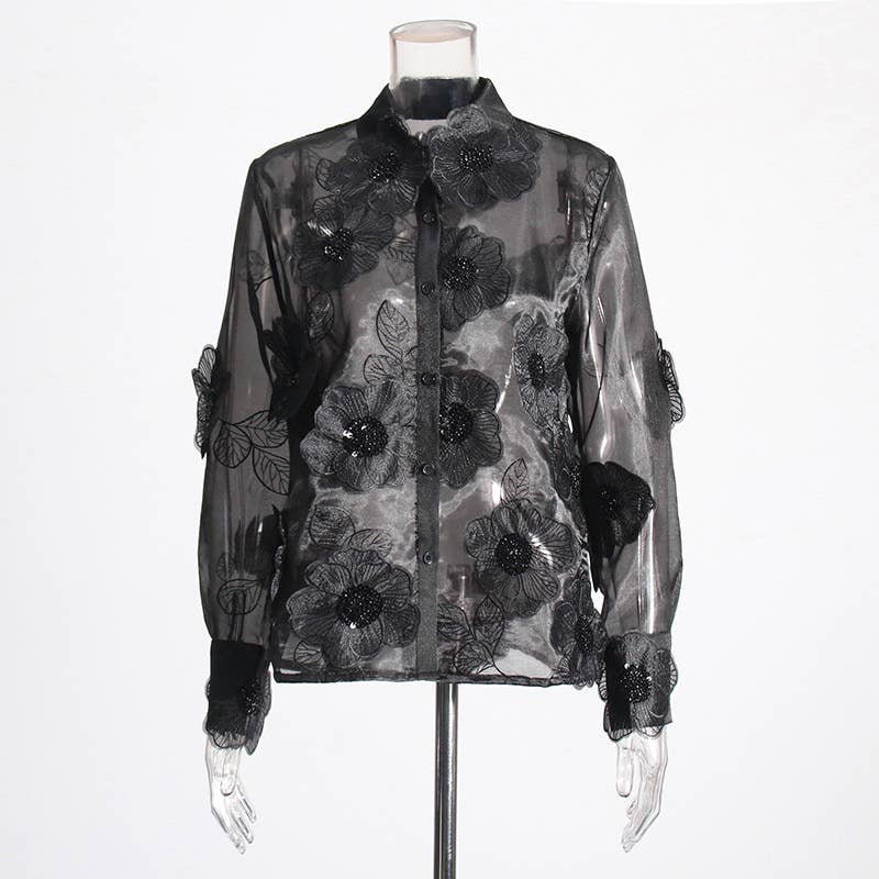 Organza Shirt with Floral Sequin Detail