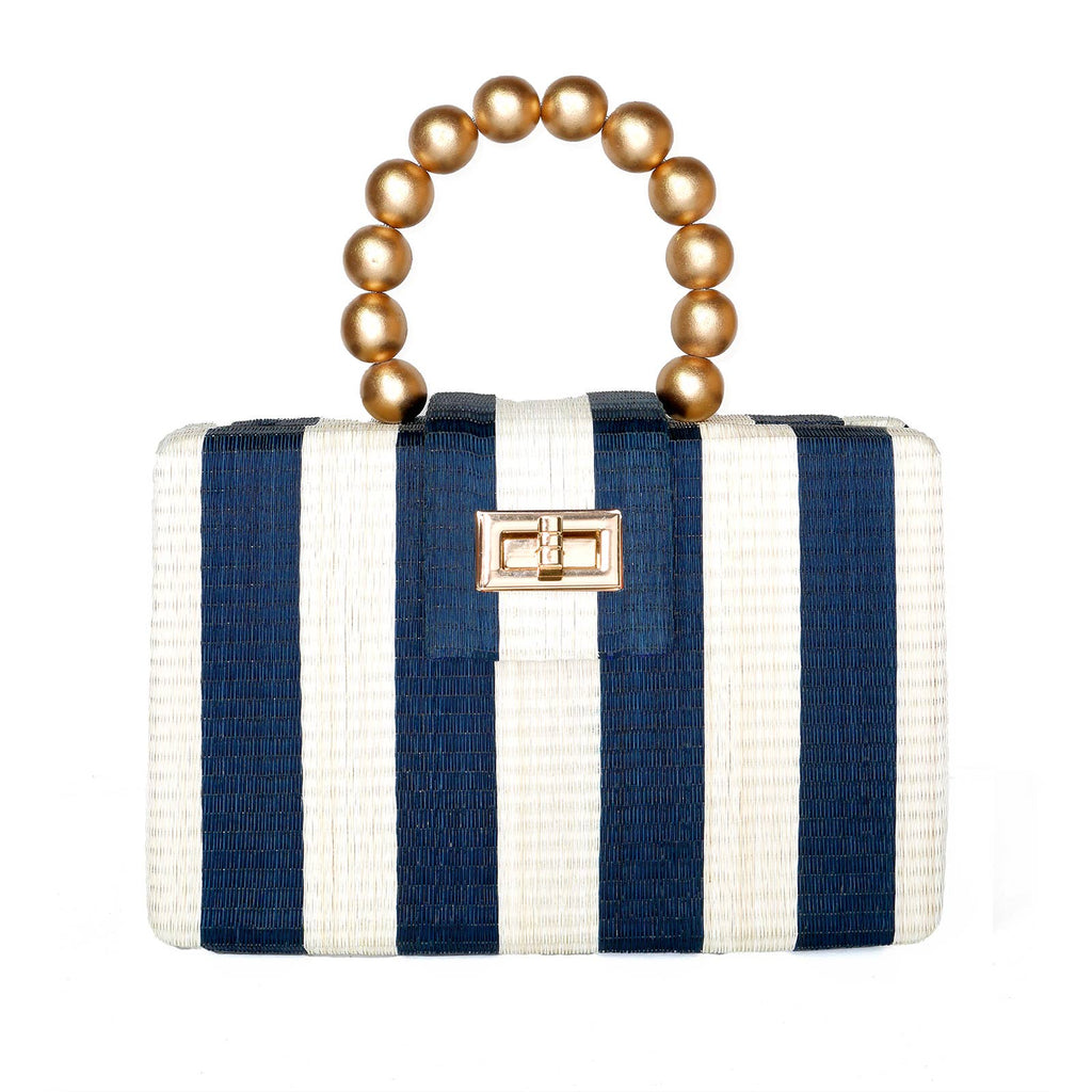 Navy Stripe Clutch | Gold Bead Handle | Summer Resort 2025