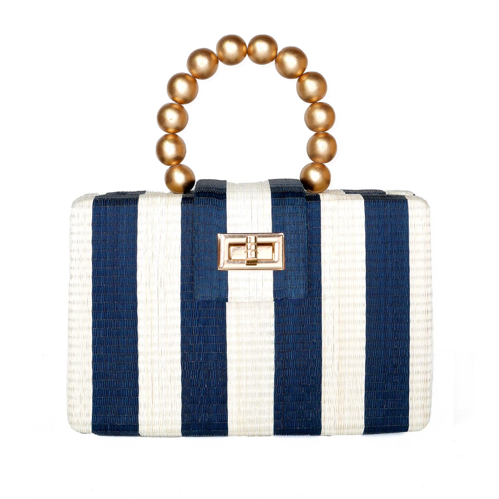 Navy Stripe Clutch | Gold Bead Handle | Summer Resort 2025