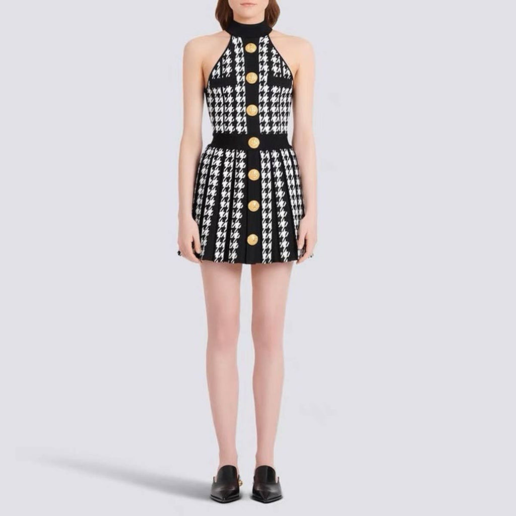 Summer Houndstooth Pleated Halter Dress
