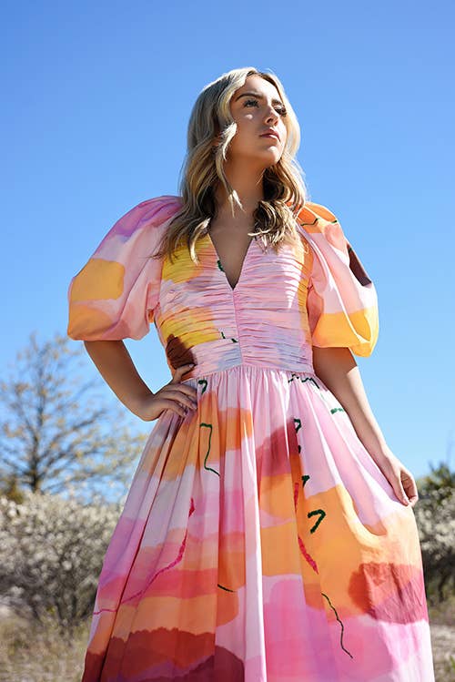 Pink Puff Sleeve Taffeta Midi Dress
