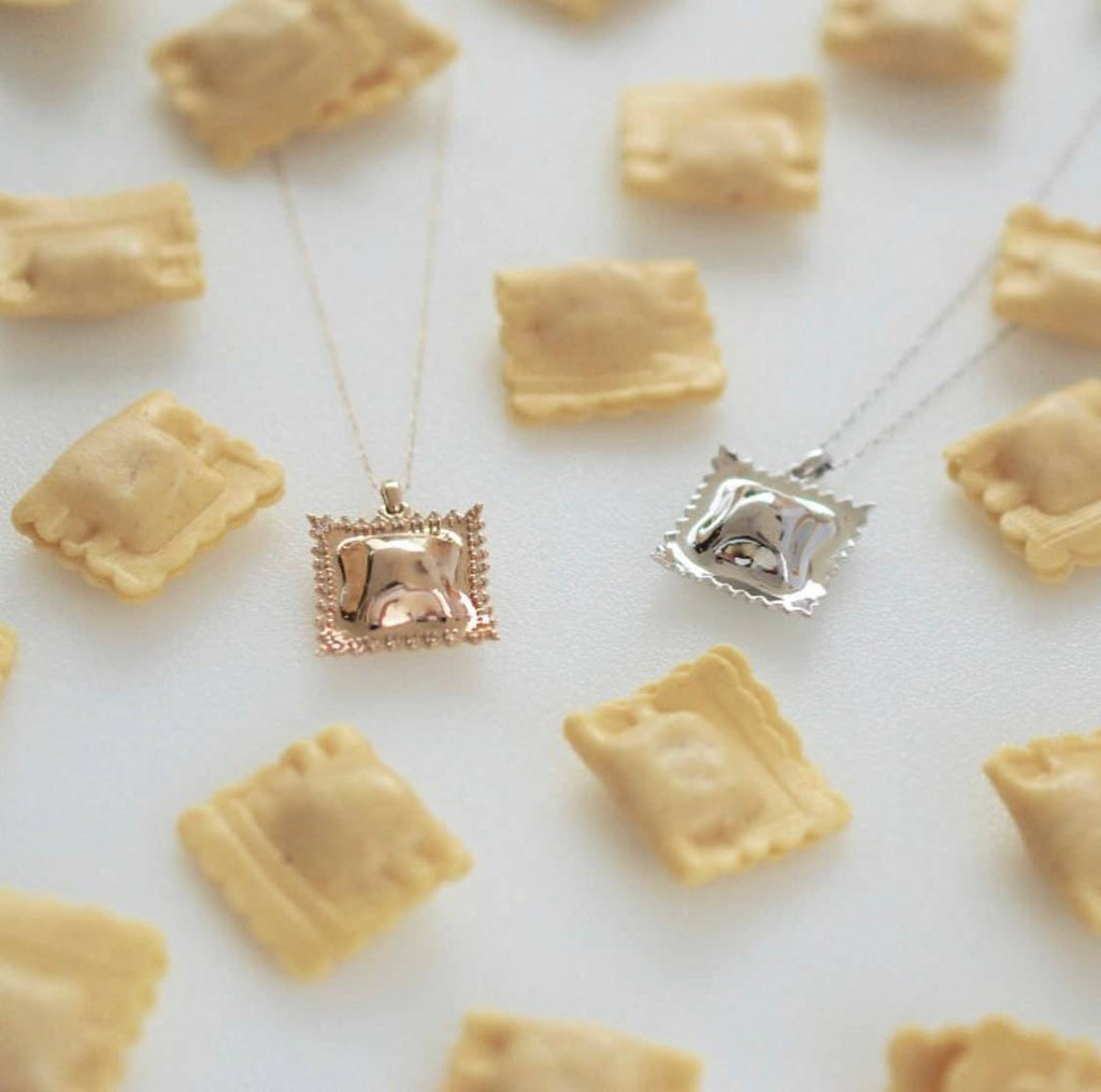 Ravioli Pasta Necklace, Yellow Gold Plated, By Delicacies Jewelry - Every Purchase Fights Hunger! (Foodie Gift, Pasta Jewelry)