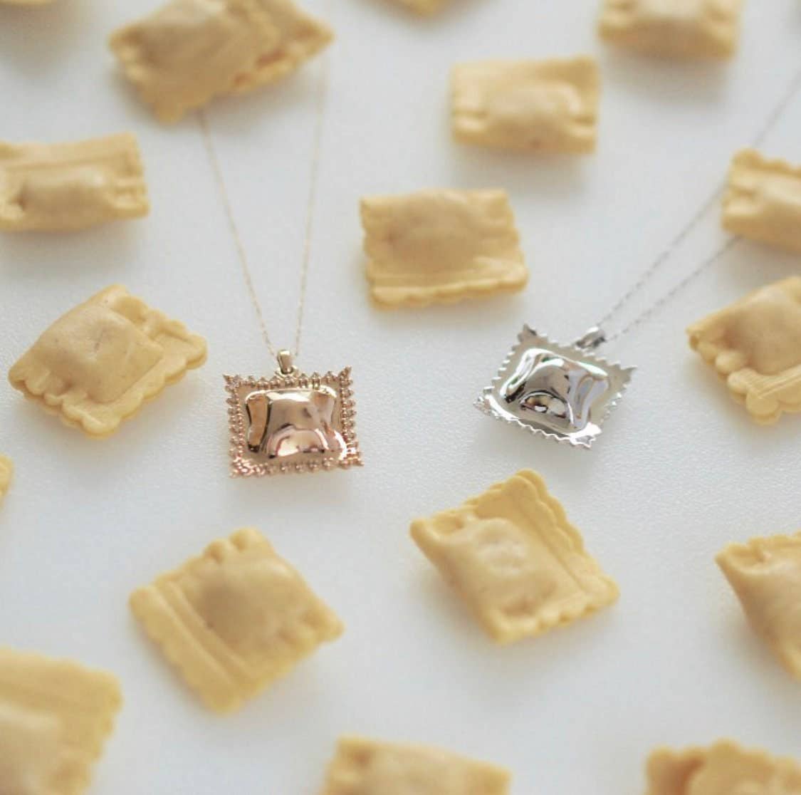 Ravioli Pasta Necklace, Yellow Gold Plated, By Delicacies Jewelry - Every Purchase Fights Hunger! (Foodie Gift, Pasta Jewelry)