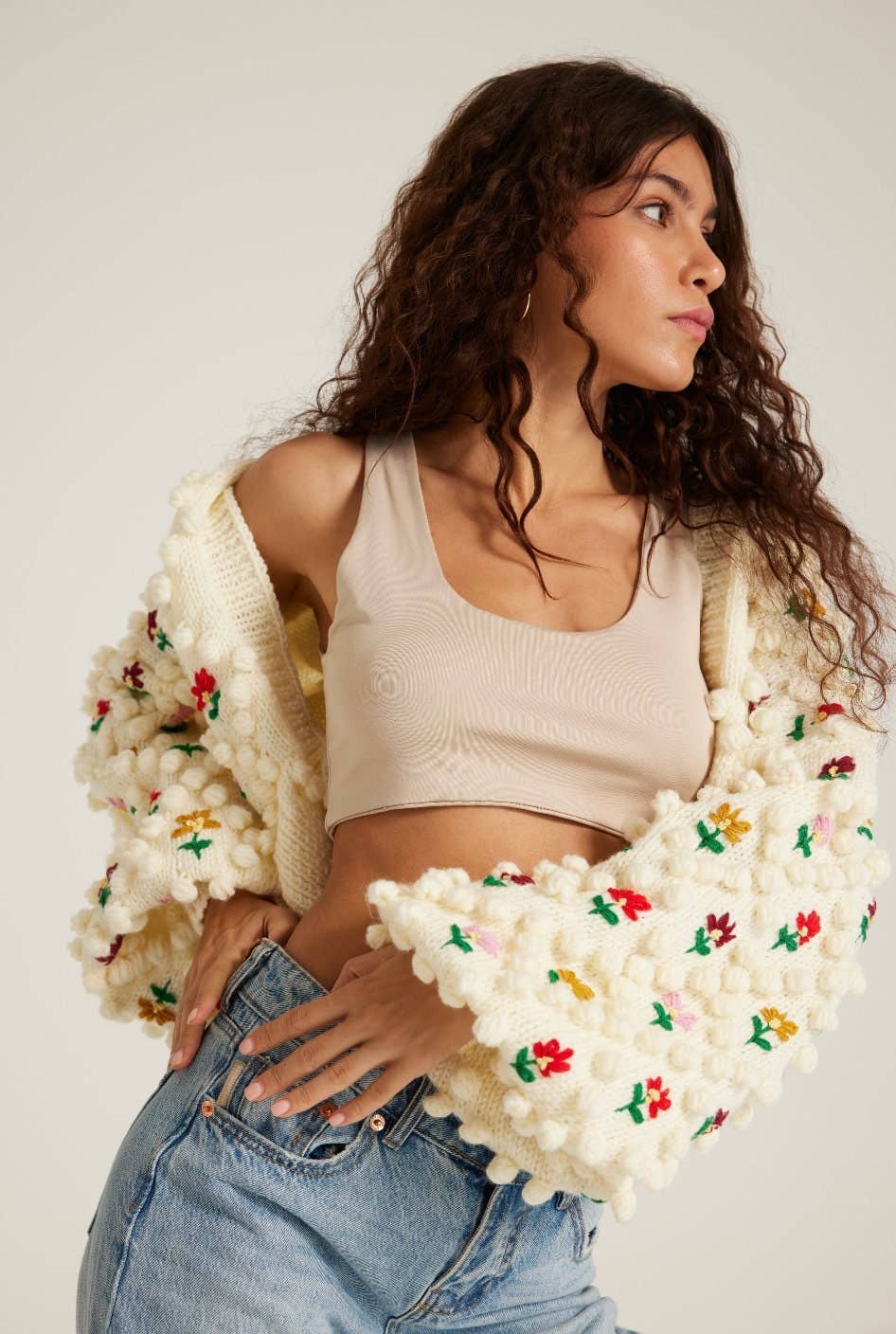 Beige Pom-Pom Cardigan