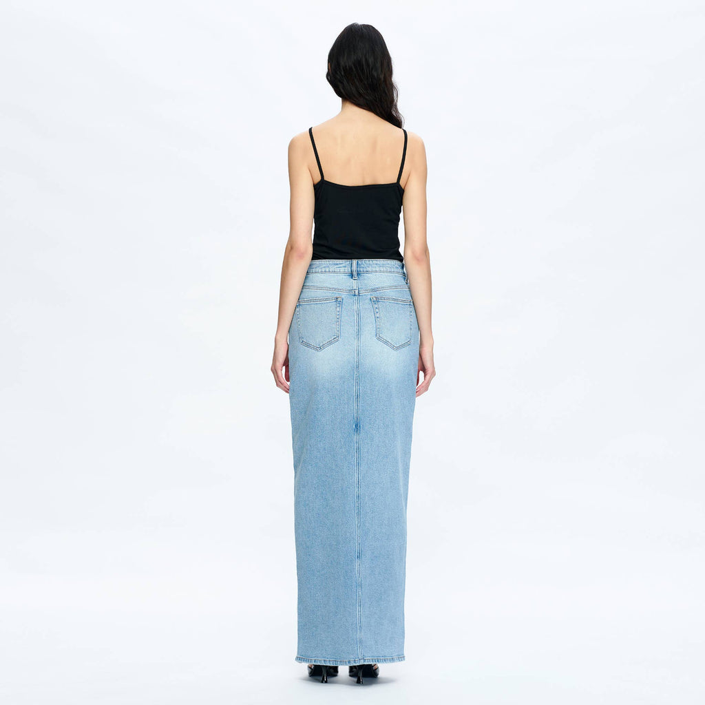 HIGH-LOW DENIM MAXI SKIRT(FINISHED HEM,SLIT) BYK7044