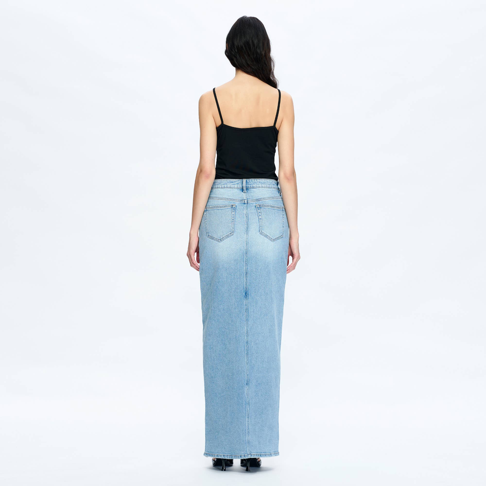 HIGH-LOW DENIM MAXI SKIRT(FINISHED HEM,SLIT)