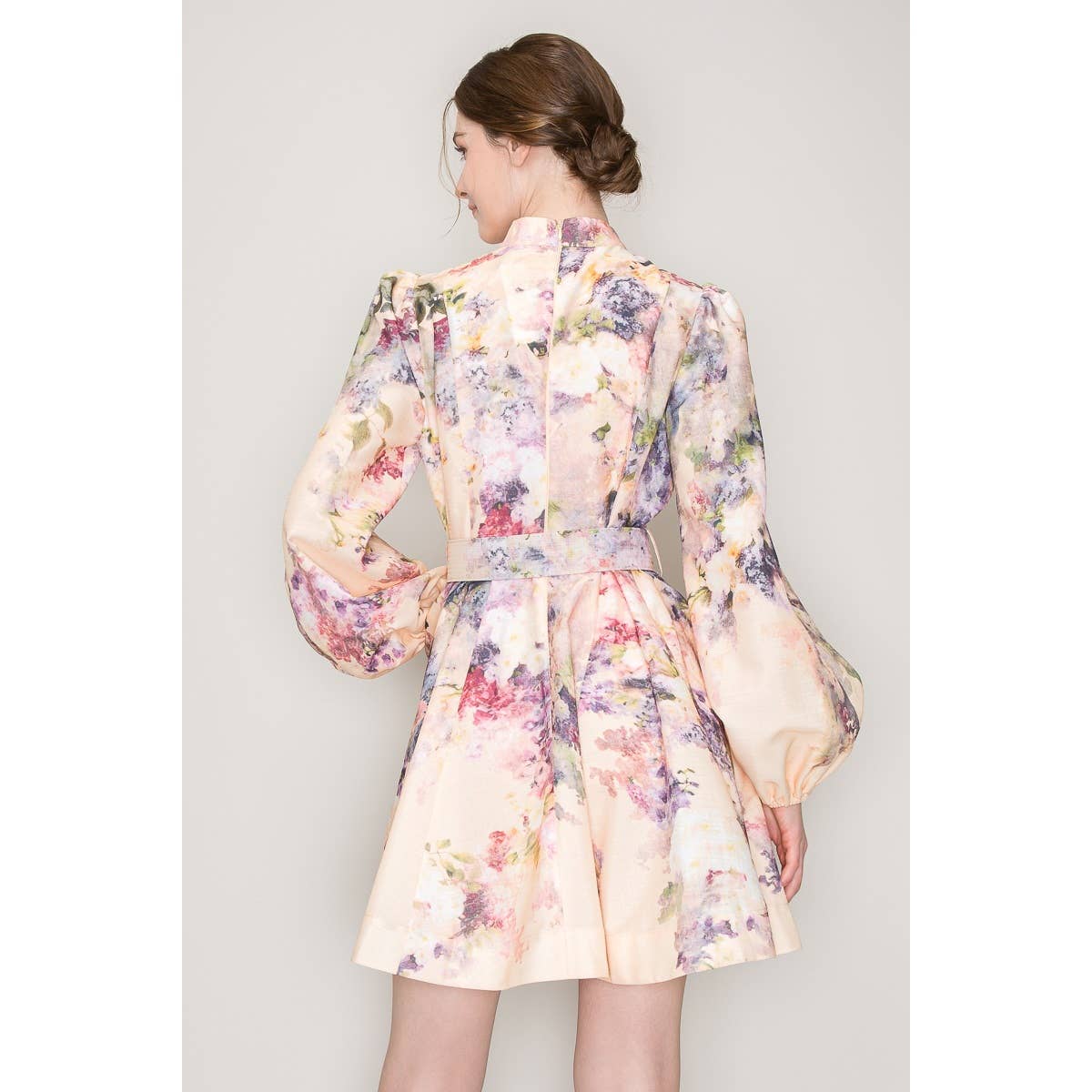 Long Sleeves Floral Print Belted-Waist Mini Dress