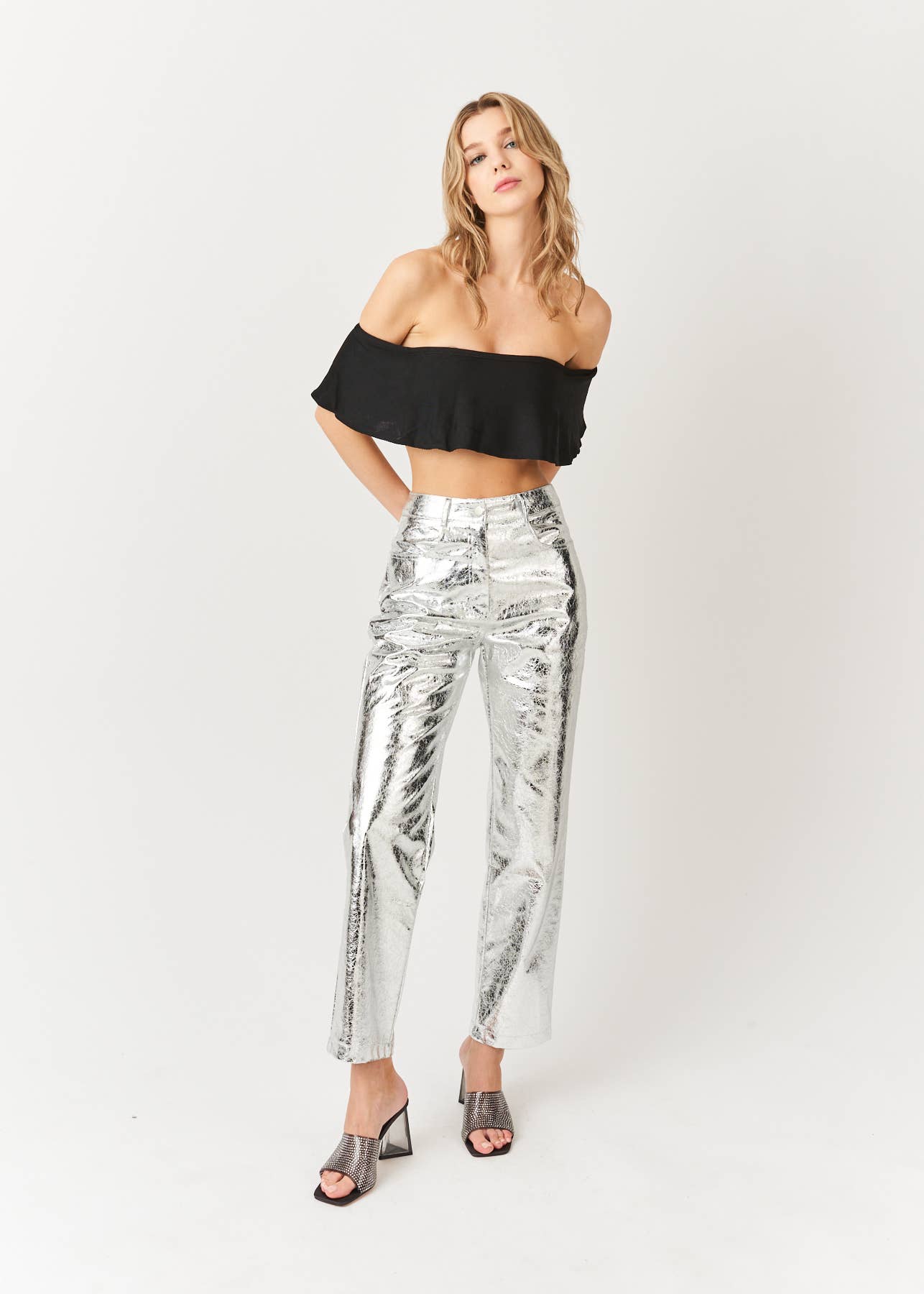 Lupe High Waist Faux Leather Metallic Textured Pants