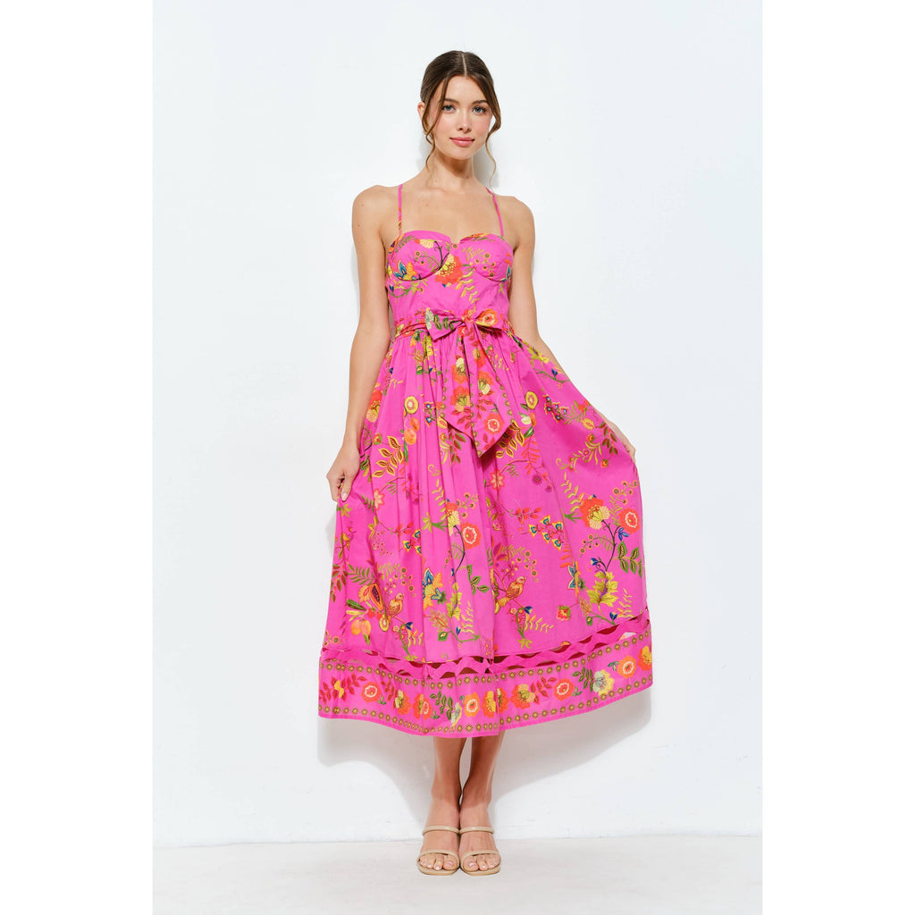 Floral Embroidered Bustier Midi Dress