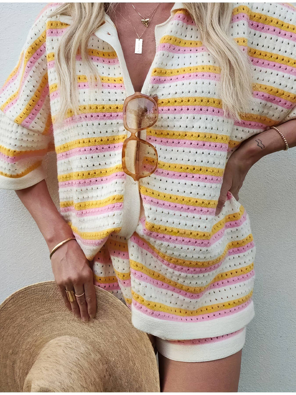 Woolen Colorblocked Lapel Stripe Short Sleeve Shorts Set