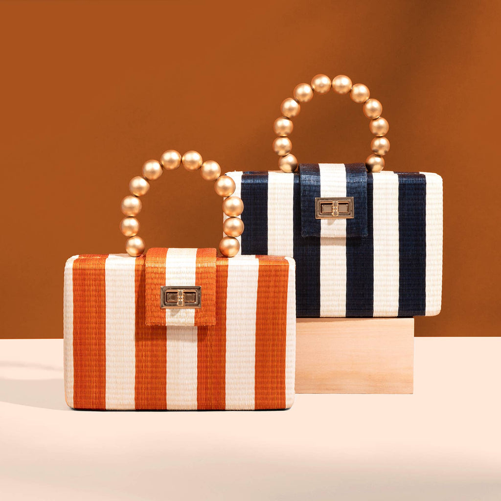 Navy Stripe Clutch | Gold Bead Handle | Summer Resort 2025
