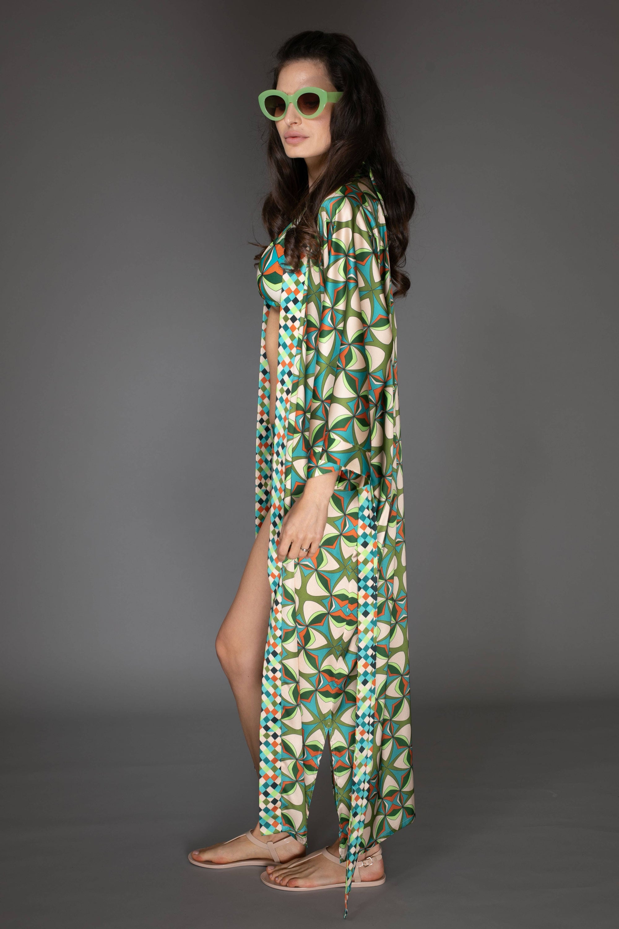 Abstract Print Green Satin Kimono