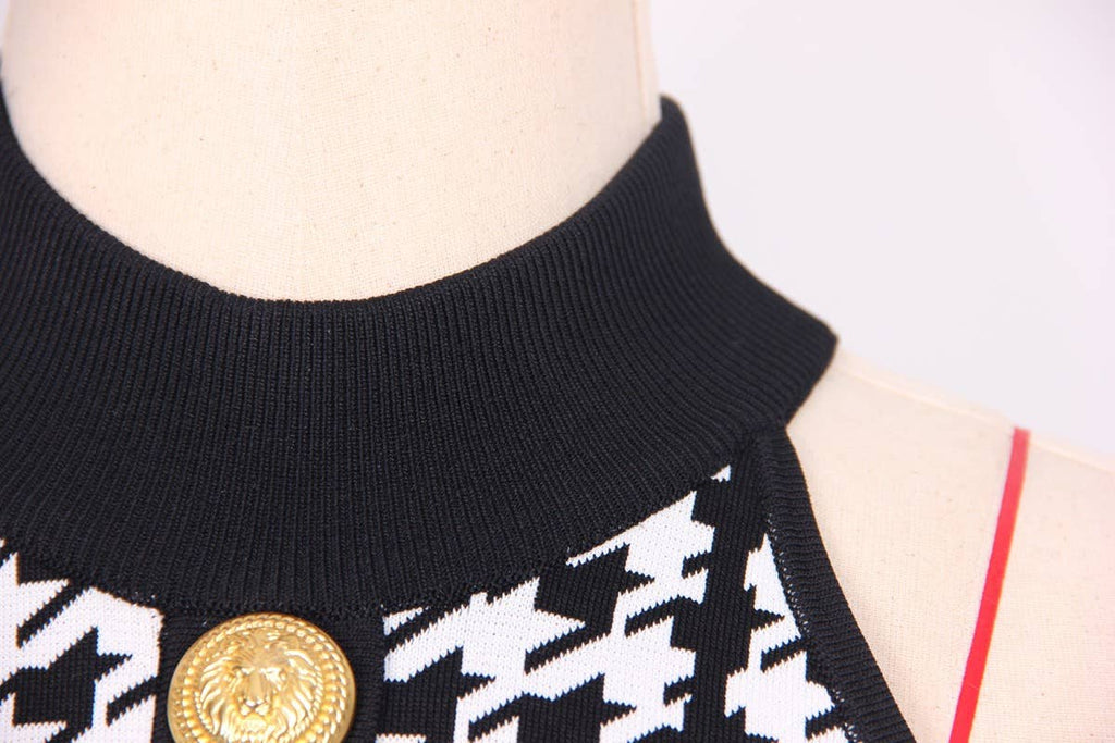 Summer Houndstooth Pleated Halter Dress