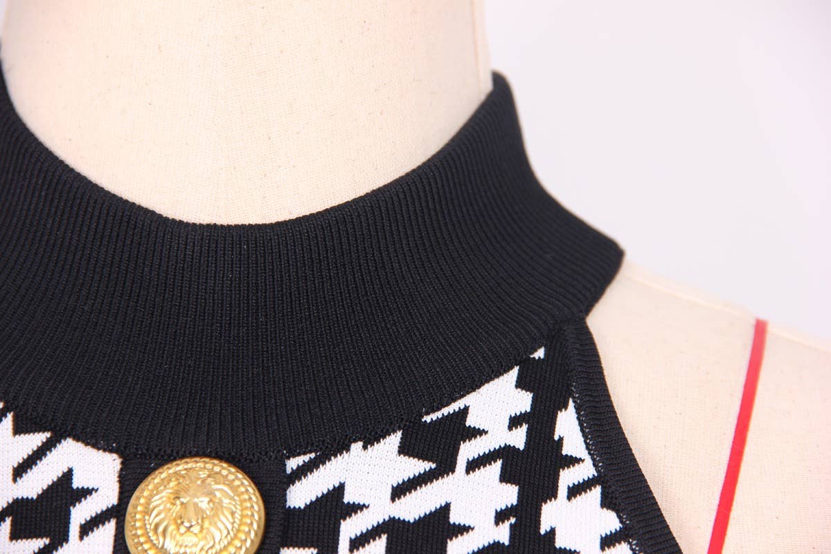 Summer Houndstooth Pleated Halter Dress
